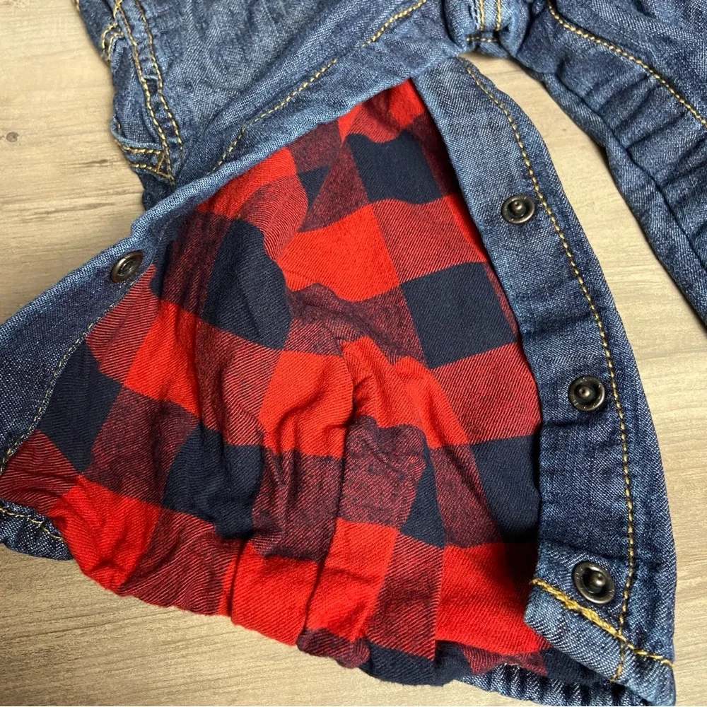 Oshkosh B’gosh 12 Months Classic Denim Blue Jeans Overalls Red‎ Plaid Flannel